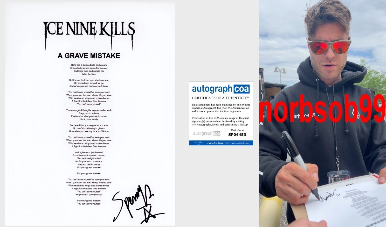 SPENCER CHARNAS SIGNED ICE NINE KILLS A GRAVE MISTAKE LYRIC w/EXACT PROOF & COA