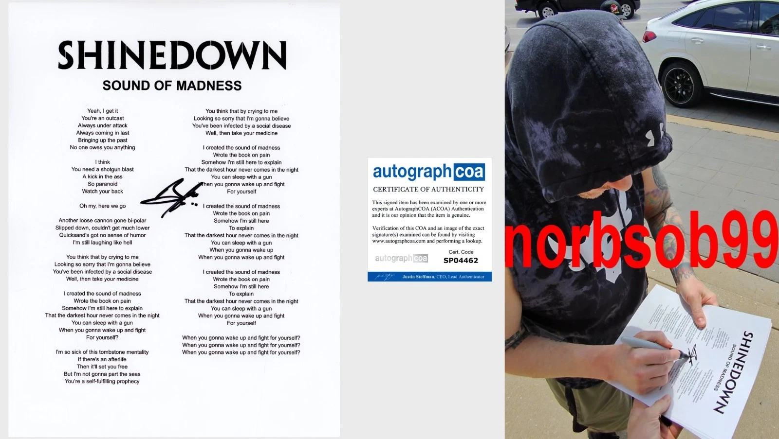 BRENT SMITH SIGNED SHINEDOWN SOUND OF MADNESS LYRIC SHEET w/EXACT PROOF & COA