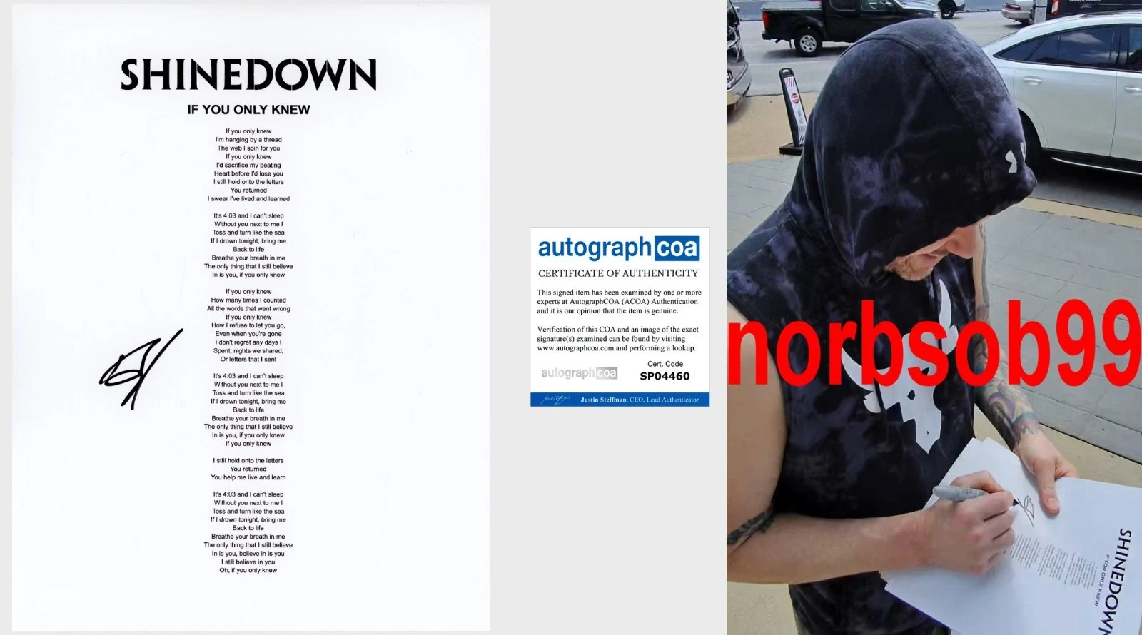 BRENT SMITH SIGNED SHINEDOWN IF YOU ONLY KNEW LYRIC SHEET w/EXACT PROOF & COA