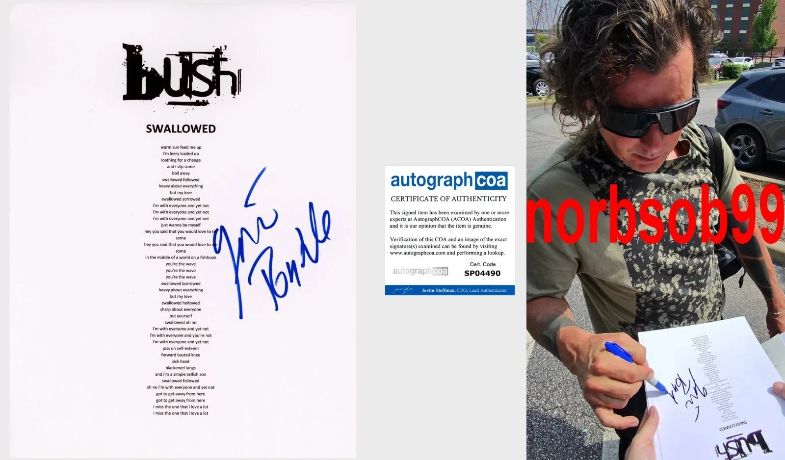 GAVIN ROSSDALE SIGNED BUSH SWALLOWED LYRIC SHEET w/EXACT PROOF & AUTOGRAPH COA