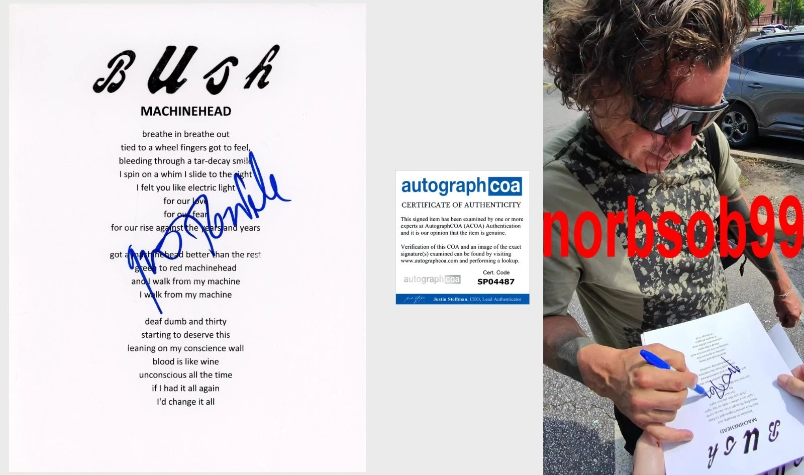 GAVIN ROSSDALE SIGNED BUSH MACHINEHEAD LYRIC SHEET w/EXACT PROOF & AUTOGRAPH COA