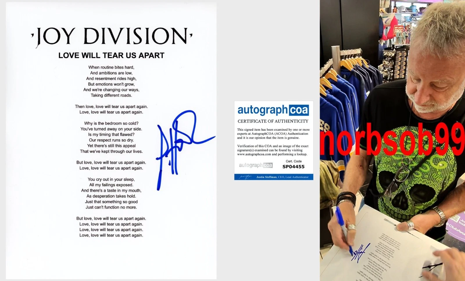 PETER HOOK SIGNED JOY DIVISION NEW ORDER LYRIC SHEET w/EXACT PROOF AUTOGRAPH COA