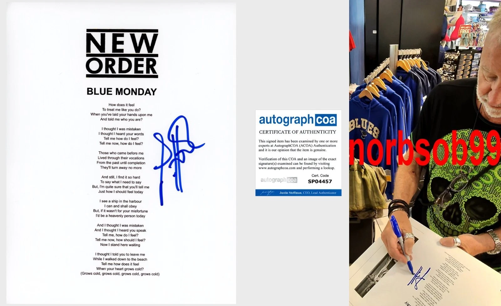 PETER HOOK SIGNED NEW ORDER BLUE MONDAY LYRIC SHEET w/EXACT PROOF AUTOGRAPH COA