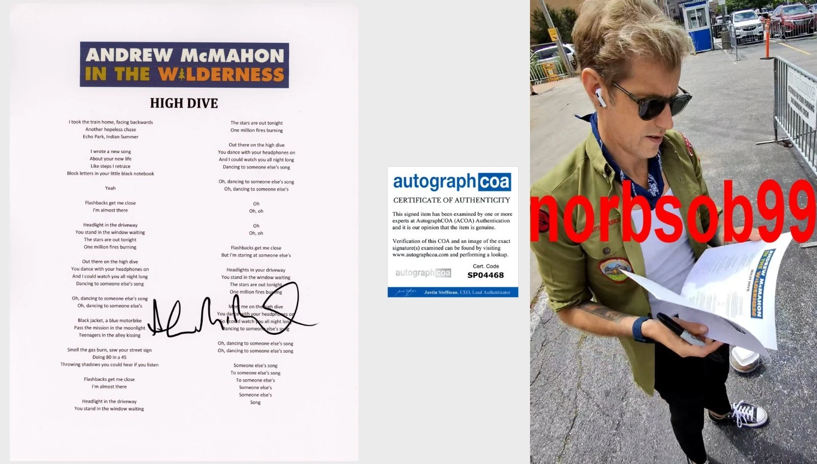 ANDREW MCMAHON SIGNED HIGH DIVE LYRIC SHEET W/EXACT PROOF & AUTOGRAPH COA COLLECTIBLE MEMORABILIA