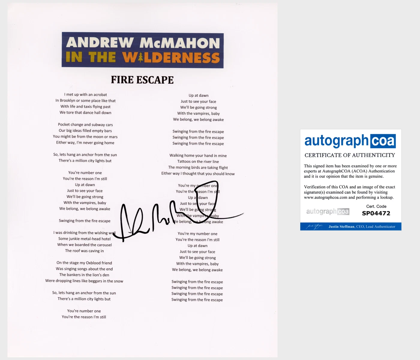 ANDREW MCMAHON SIGNED FIRE ESCAPE LYRIC SHEET w/PROOF & AUTOGRAPH ACOA COA