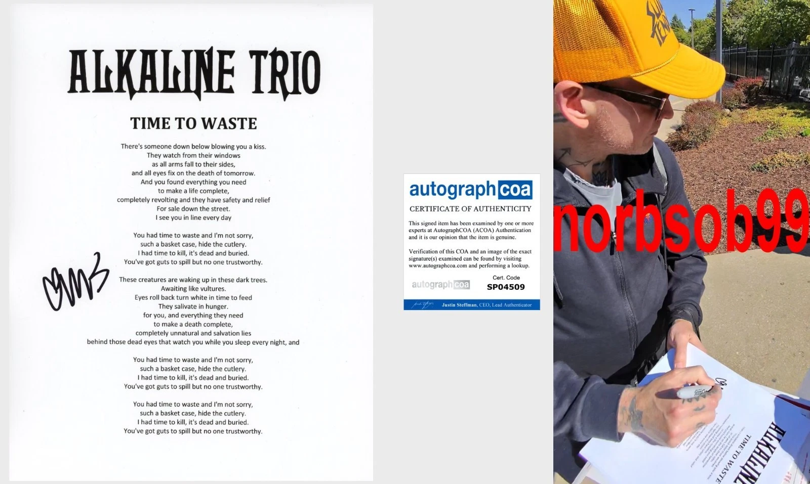 MATT SKIBA SIGNED ALKALINE TRIO TIME TO WASTE LYRIC wEXACT PROOF & AUTOGRAPH COA