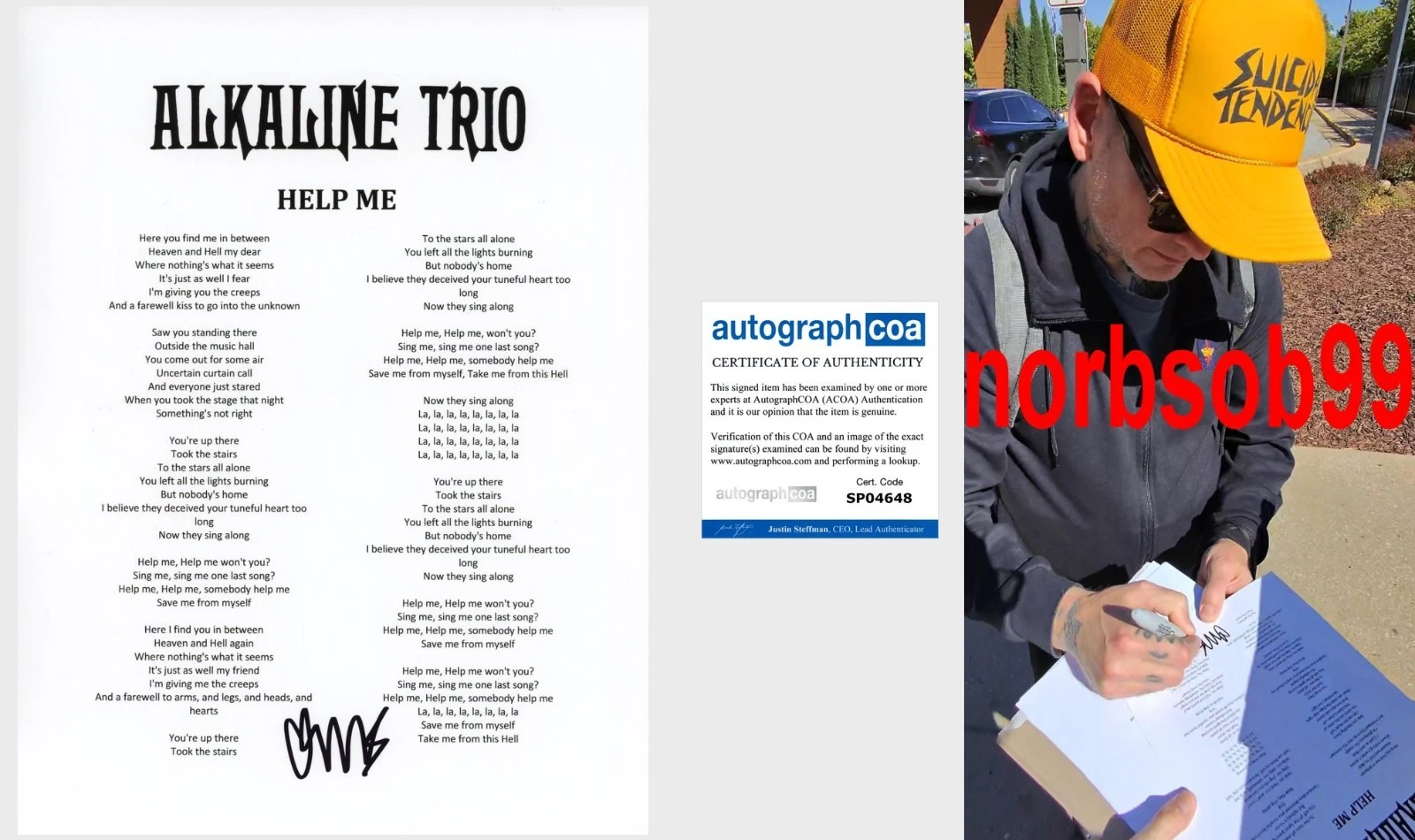 MATT SKIBA SIGNED ALKALINE TRIO HELP ME LYRIC SHEET wEXACT PROOF & AUTOGRAPH COA