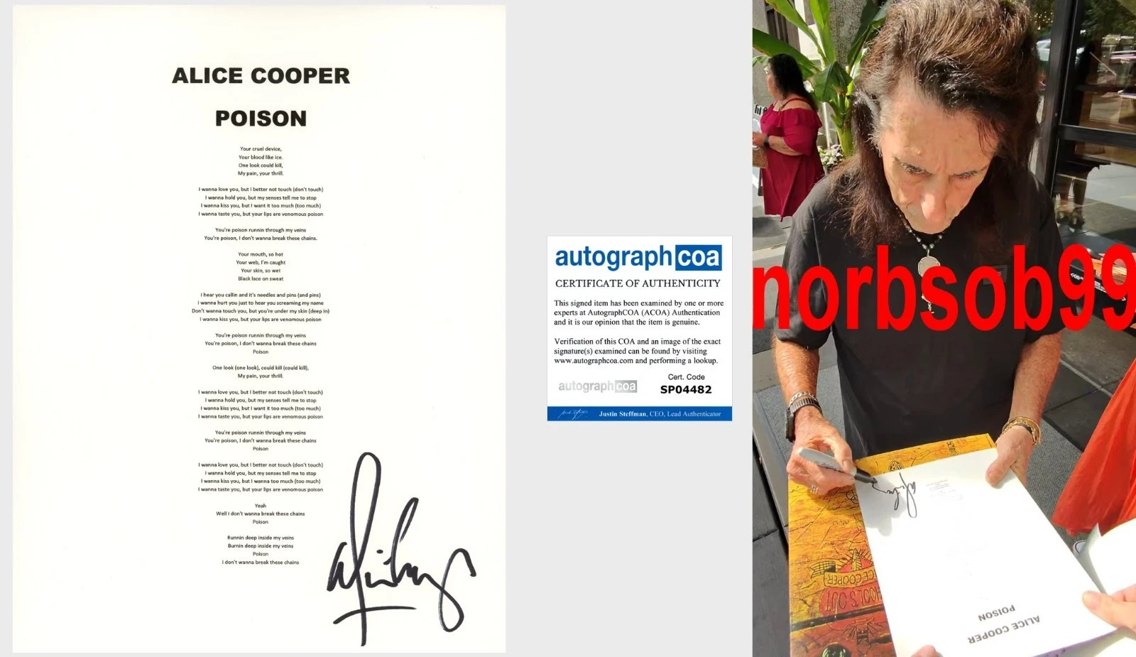 ALICE COOPER SIGNED POISON LYRIC SHEET w/EXACT PROOF & AUTOGRAPH COA