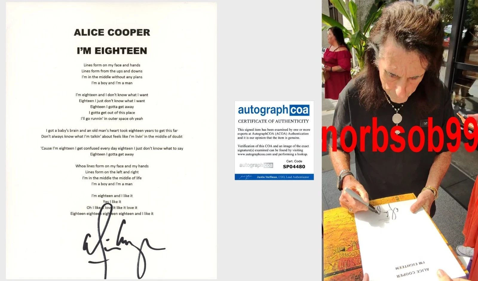 ALICE COOPER SIGNED I’M EIGHTEEN LYRIC SHEET W/EXACT PROOF & AUTOGRAPH ACOA COA COLLECTIBLE MEMORABILIA
