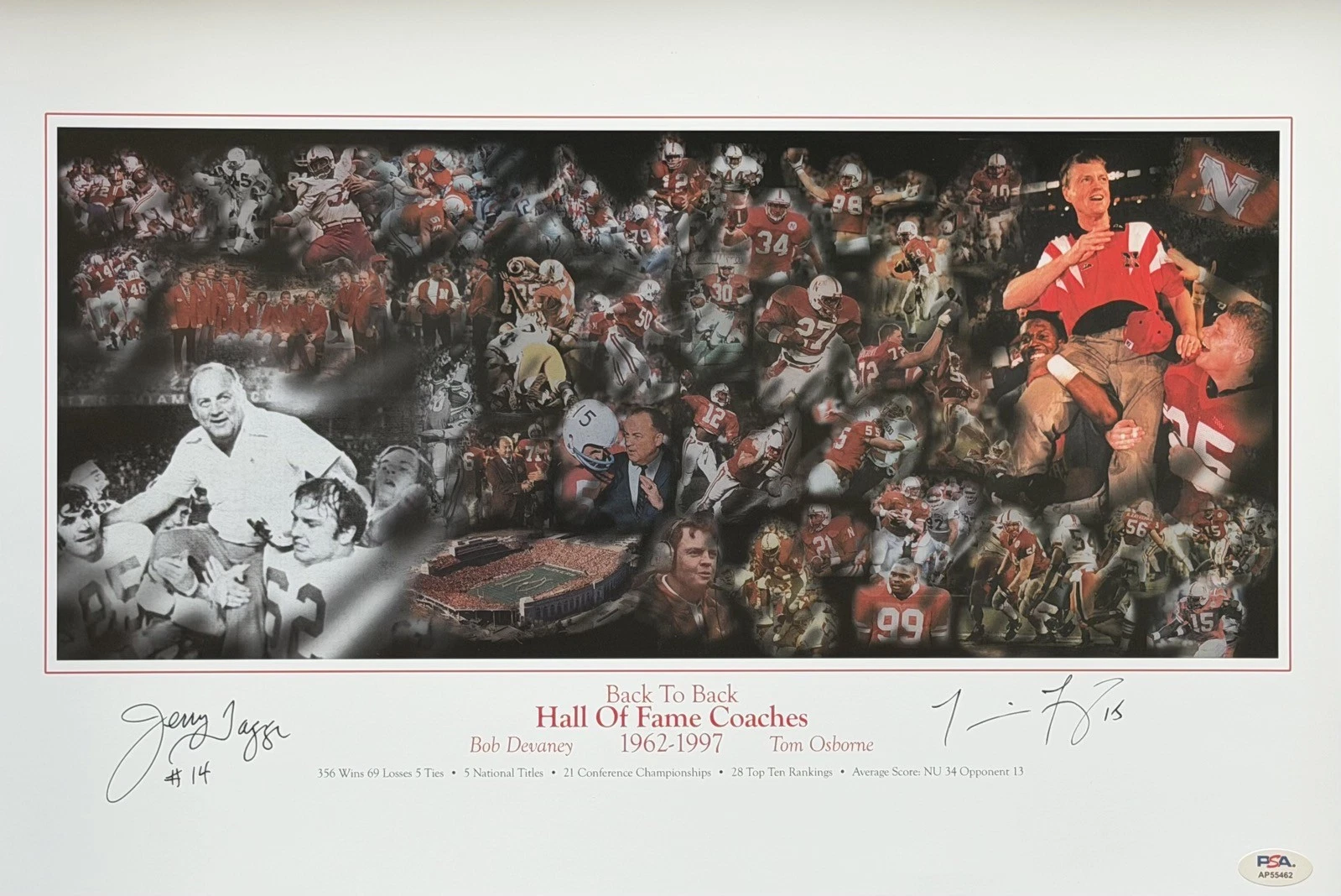 TOMMIE FRAZIER JERRY TAGGE SIGNED BACK TO BACK COACHES PRINT PSA DNA HUSKERS
