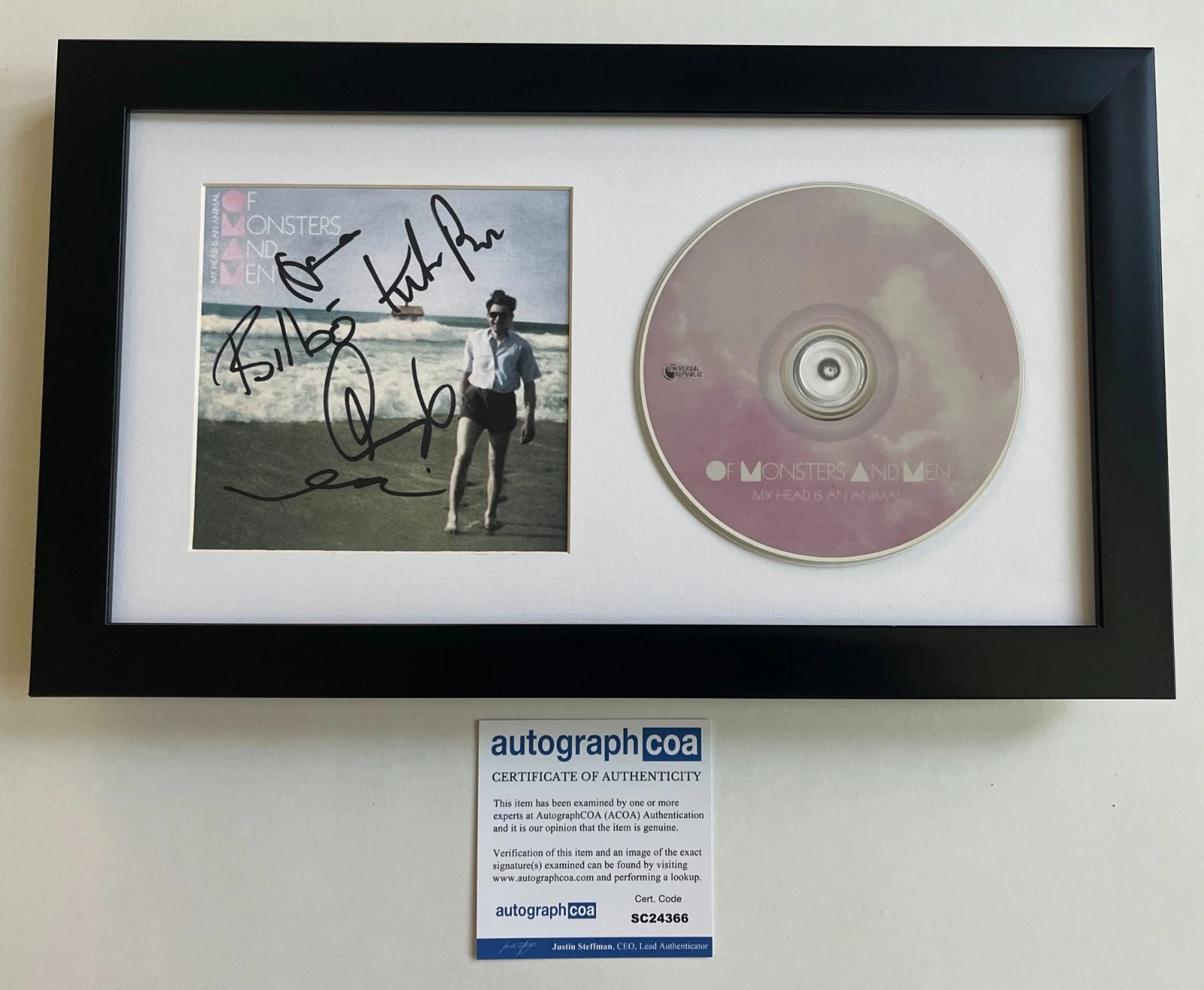 OF MONSTERS AND MEN BAND SIGNED X5 MY HEAD IS AN ANIMAL FRAMED CD COA ACOA
