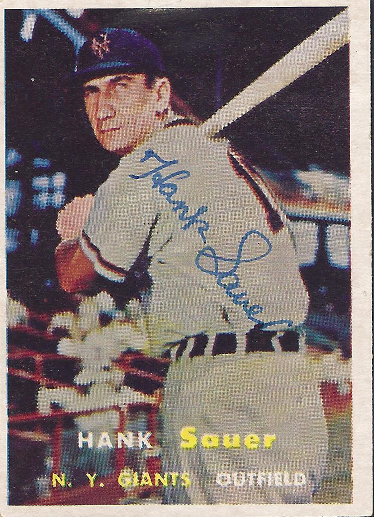 HANK SAUER NEW YORK GIANTS 1957 SIGNED AUTOGRAPH CARD W/COA COLLECTIBLE MEMORABILIA
