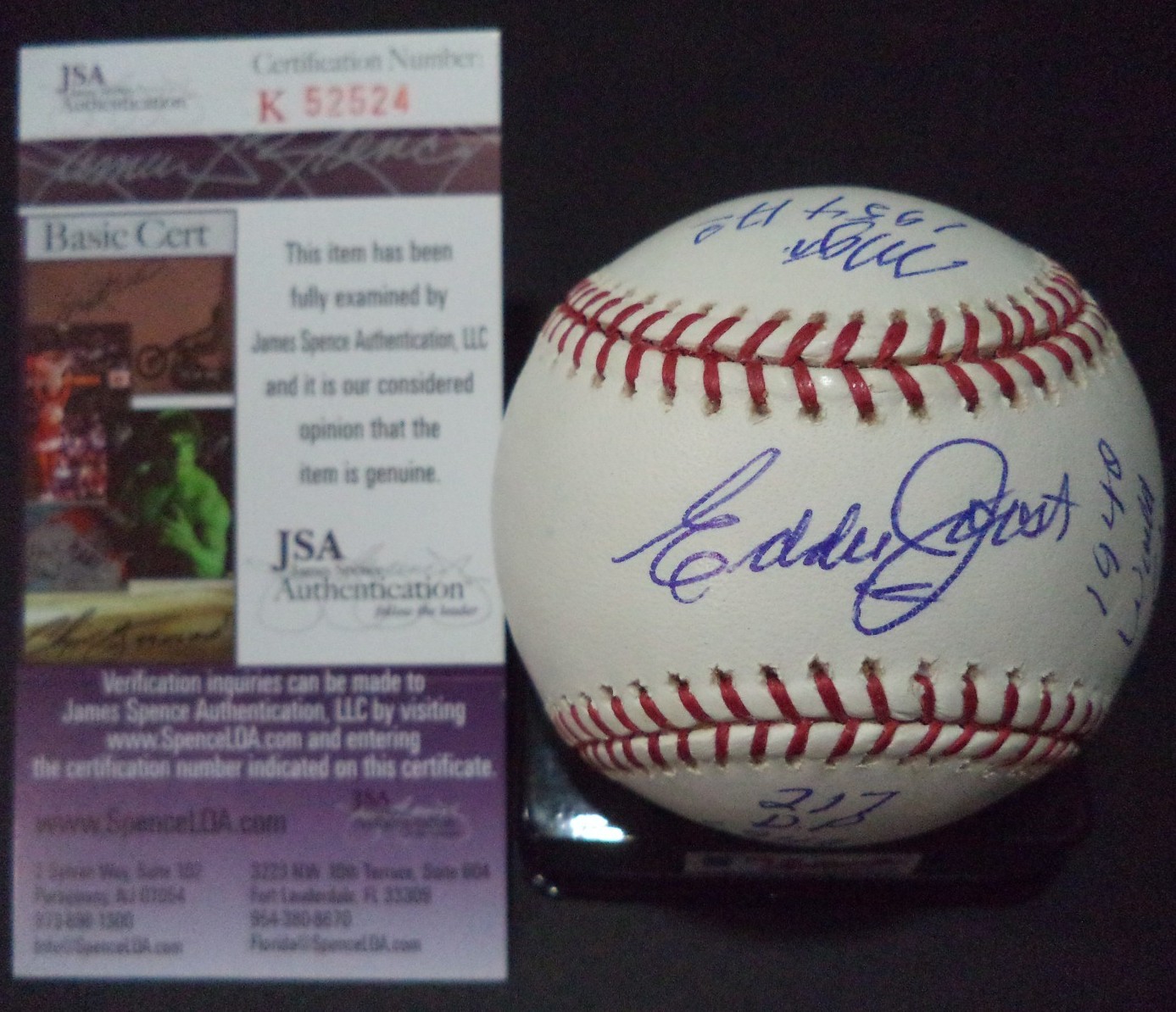EDDIE JOOST STAT BALL SIGNED AUTOGRAPHED ROMLB BASEBALL JSA COA #K52524 DECEASED