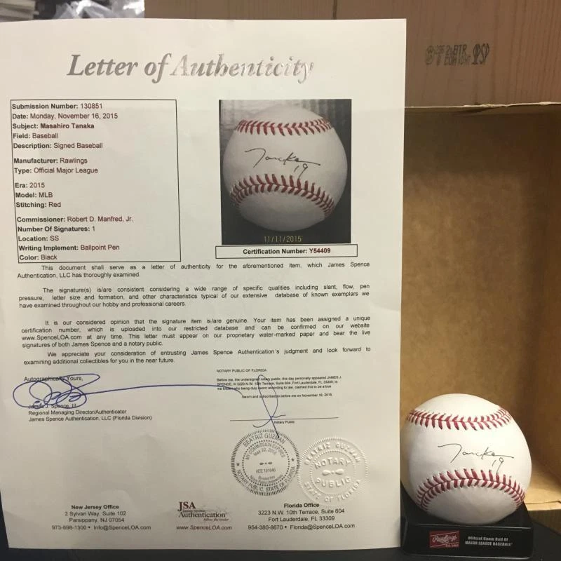 MASAHIRO TANAKA NEW YORK YANKEES JSA LOA M.L. SIGNED BASEBALL JSA LOA Y54409
