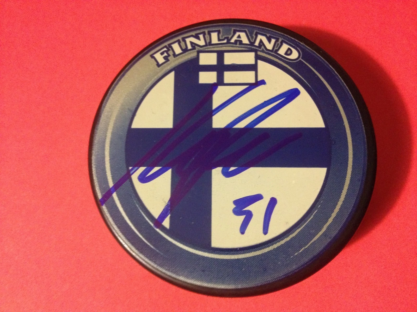 Karri Ramo Flames Finland Flag Signed Auto Puck
