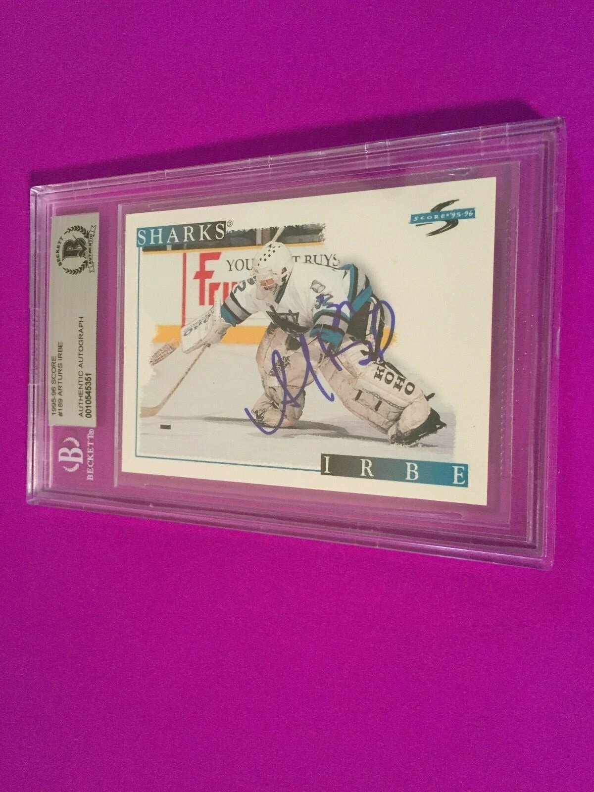 Arturs Irbe SHARKS 1995-95 Score Signed Auto Beckett SLABBED BAS