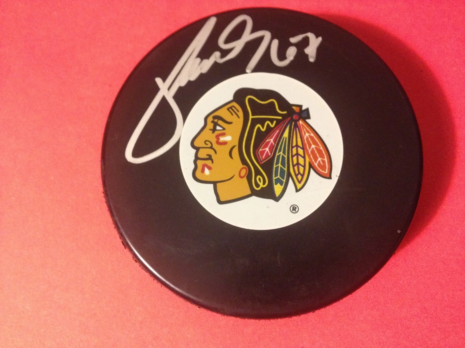 Michael Frolik Jets Blackhawks Signed Puck w/ Holder