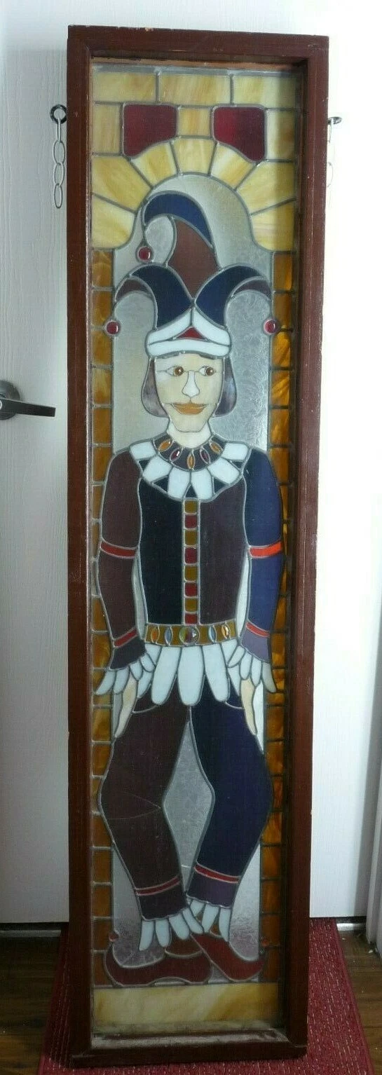 COOL Joker Jester Antique Framed Stained Glass Window 62