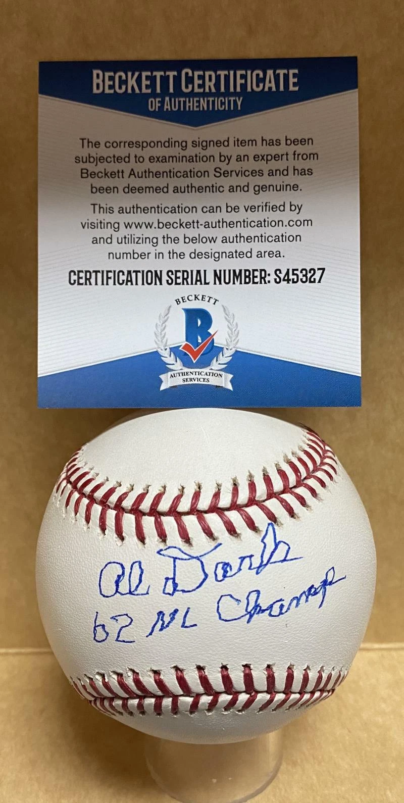 AL DARK 62 NL CHAMPS GIANTS SIGNED AUTOGRAPHED M.L. BASEBALL BECKETT S45327
