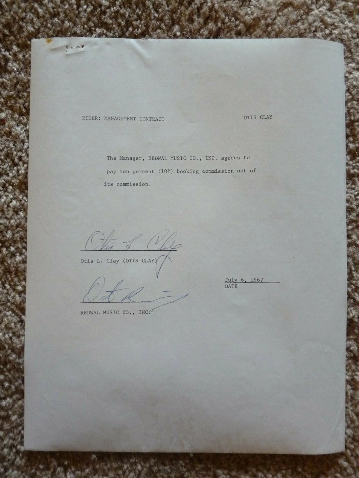 OTIS REDDING OTIS CLAY SIGNED 1967 CONTRACT AUTOGRAPHed BAS GUARANTEED