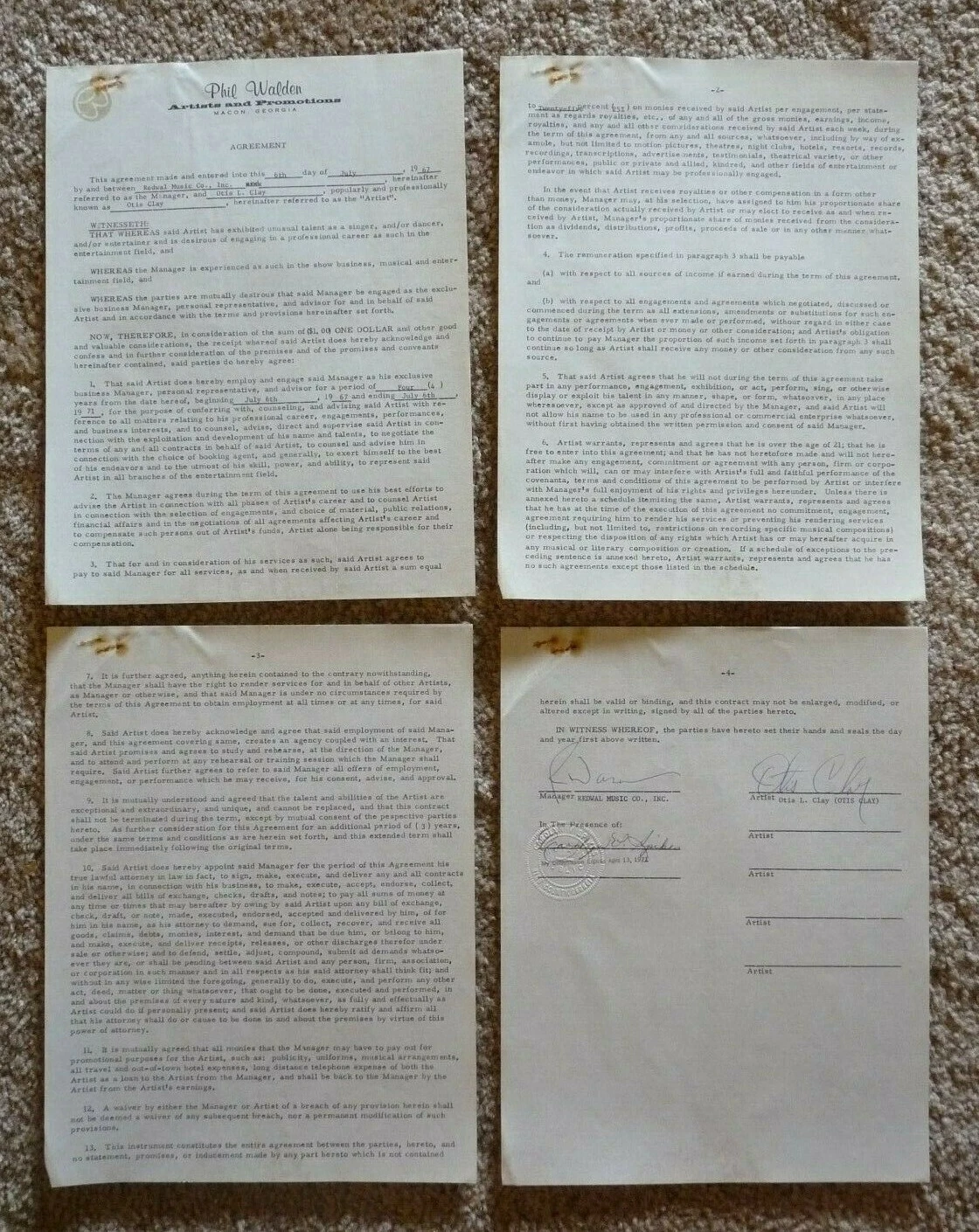 Otis Clay Signed Autographed 7-6-67 4 Page Live Performance Concert Contract