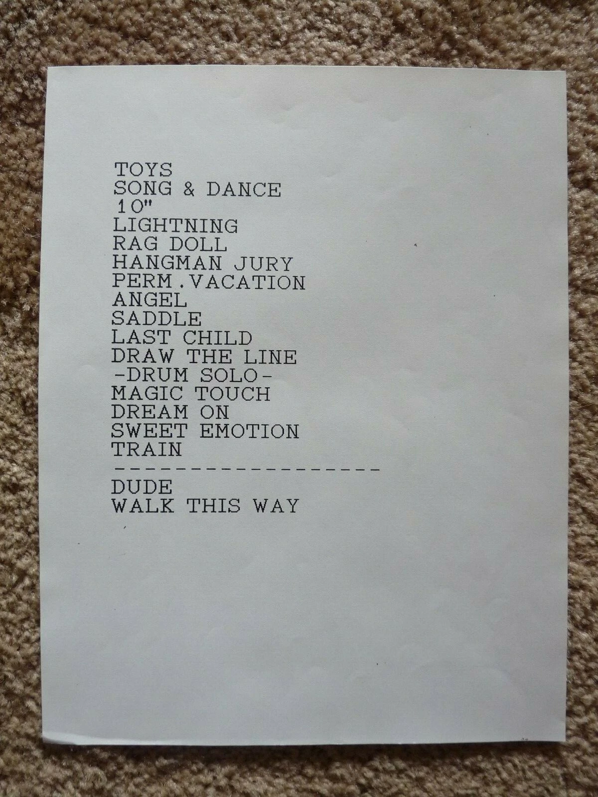 Aerosmtih Band Vintage 1980's Permanent Vacation Tour Concert Used Set List #2