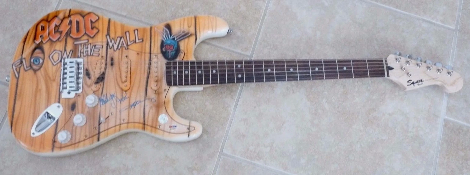 AC/DC SIGNED AUTOGRAPHED AIRBRUSHED FLY WALL GUITAR PSA CERTIFIED ANGUS MALCOLM COLLECTIBLE MEMORABILIA