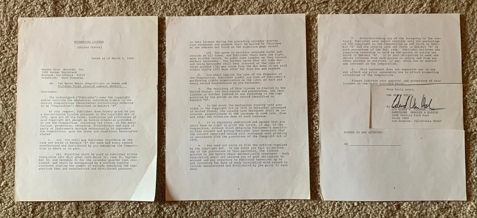 Eddie Van Halen ORIGINAL 1980 Publishing Contract Signed Autograph BAS Certified