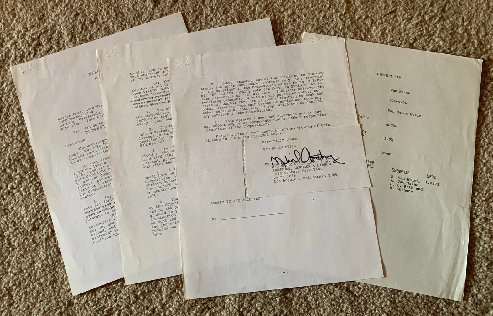 VAN HALEN ORIGINAL ‘78 MICHAEL ANTHONY PUBLISHING CONTRACT SIGNED BAS CERTIFIED COLLECTIBLE MEMORABILIA