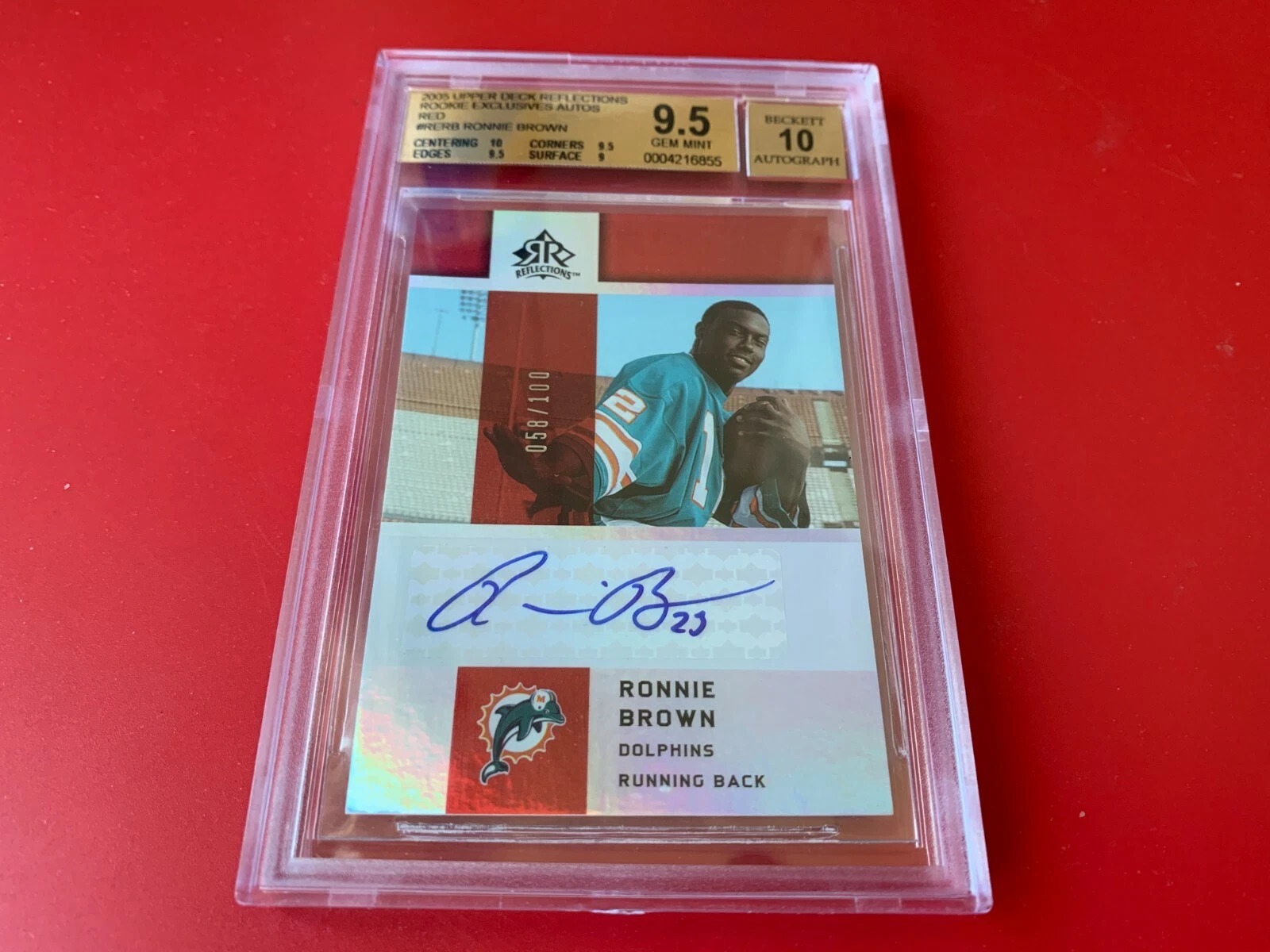 Ronnie Brown Dolphins 2005 UD Reflections RED Auto /100 Rookie Card BGS 9.5