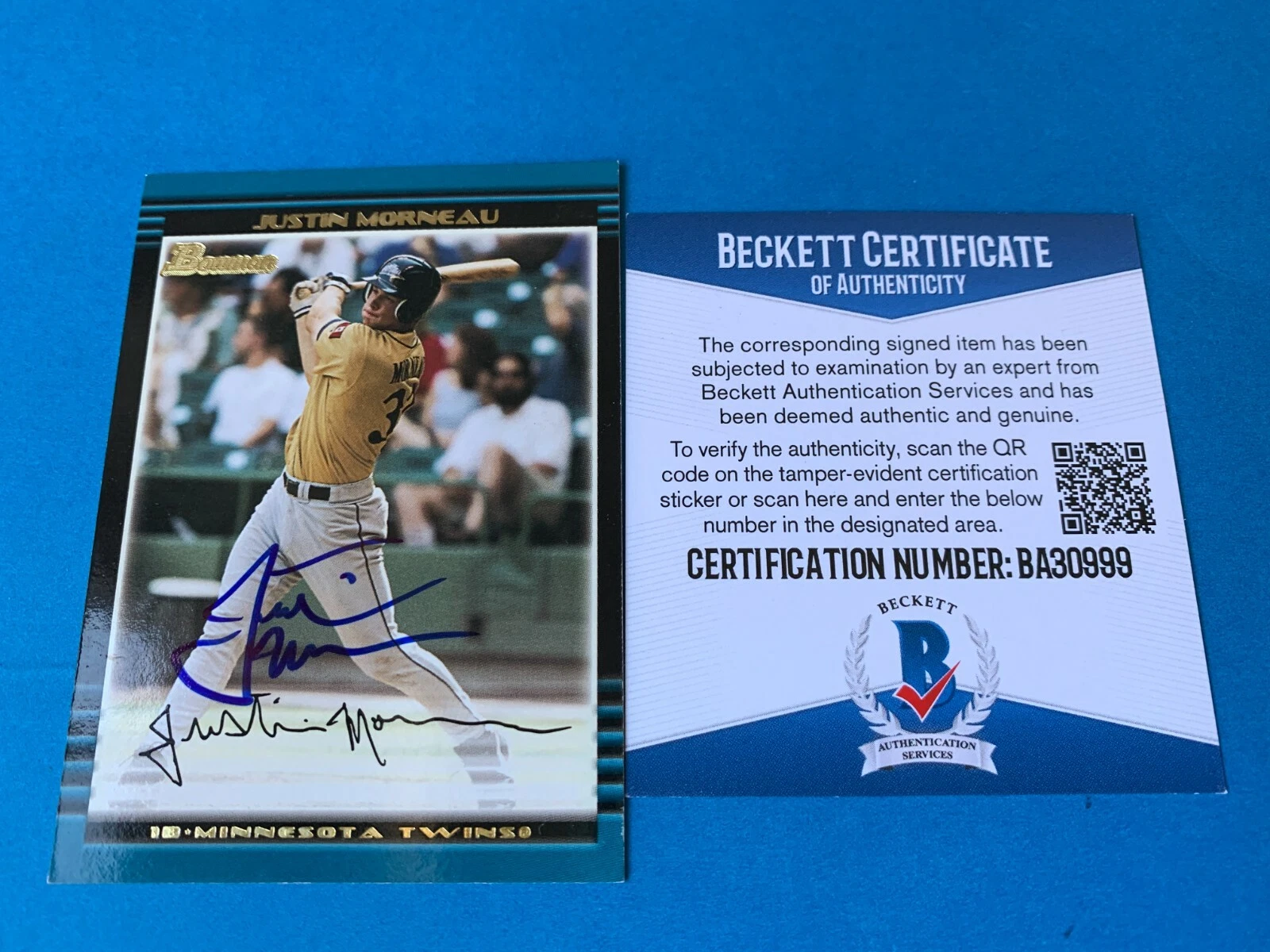 Justin Morneau Twins 2002 Bowman Card Signed Auto BAS COA