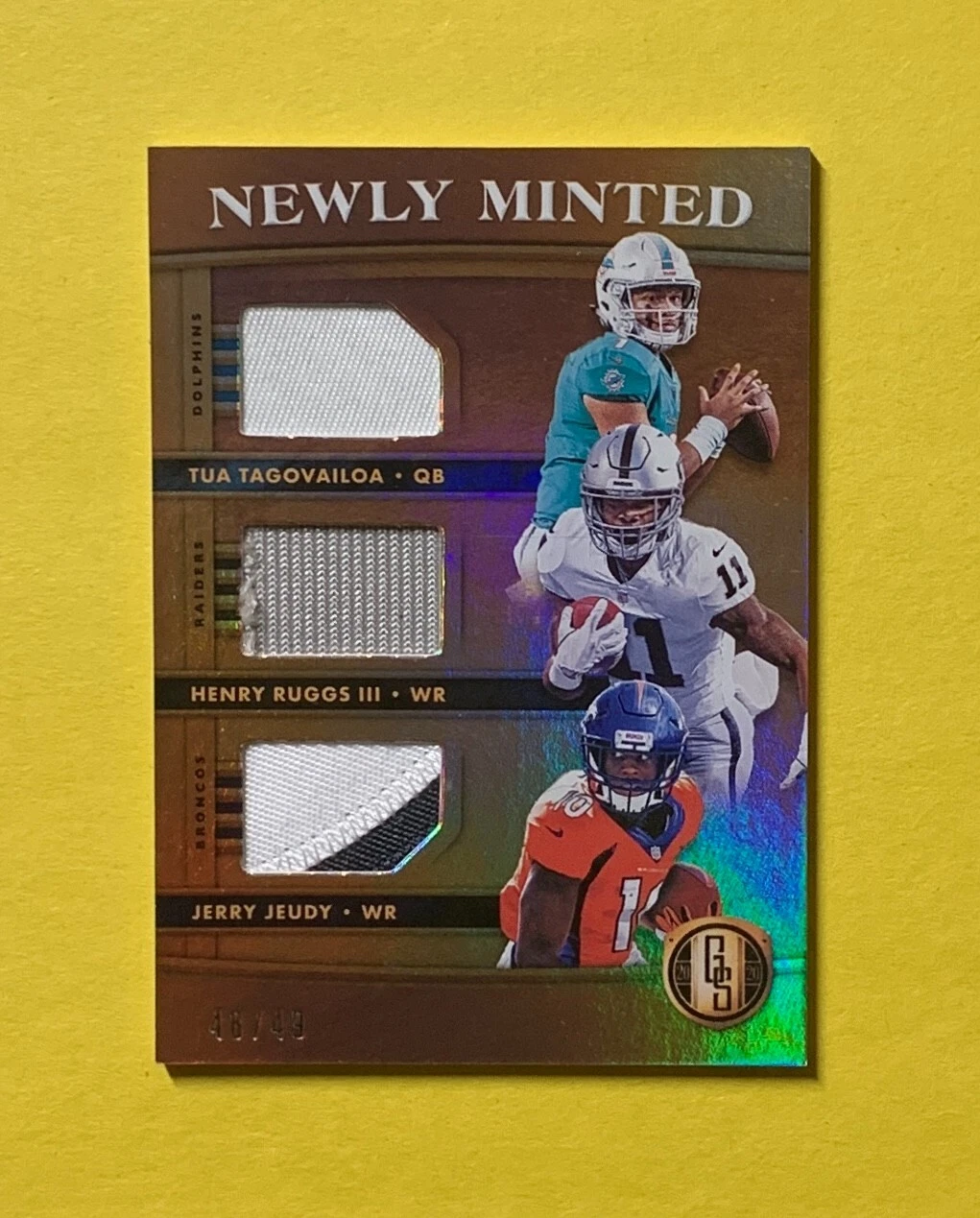 2020 PANINI GOLD STANDARD TUA RUGGS JEUDY TRIPLE RELIC #MMT10