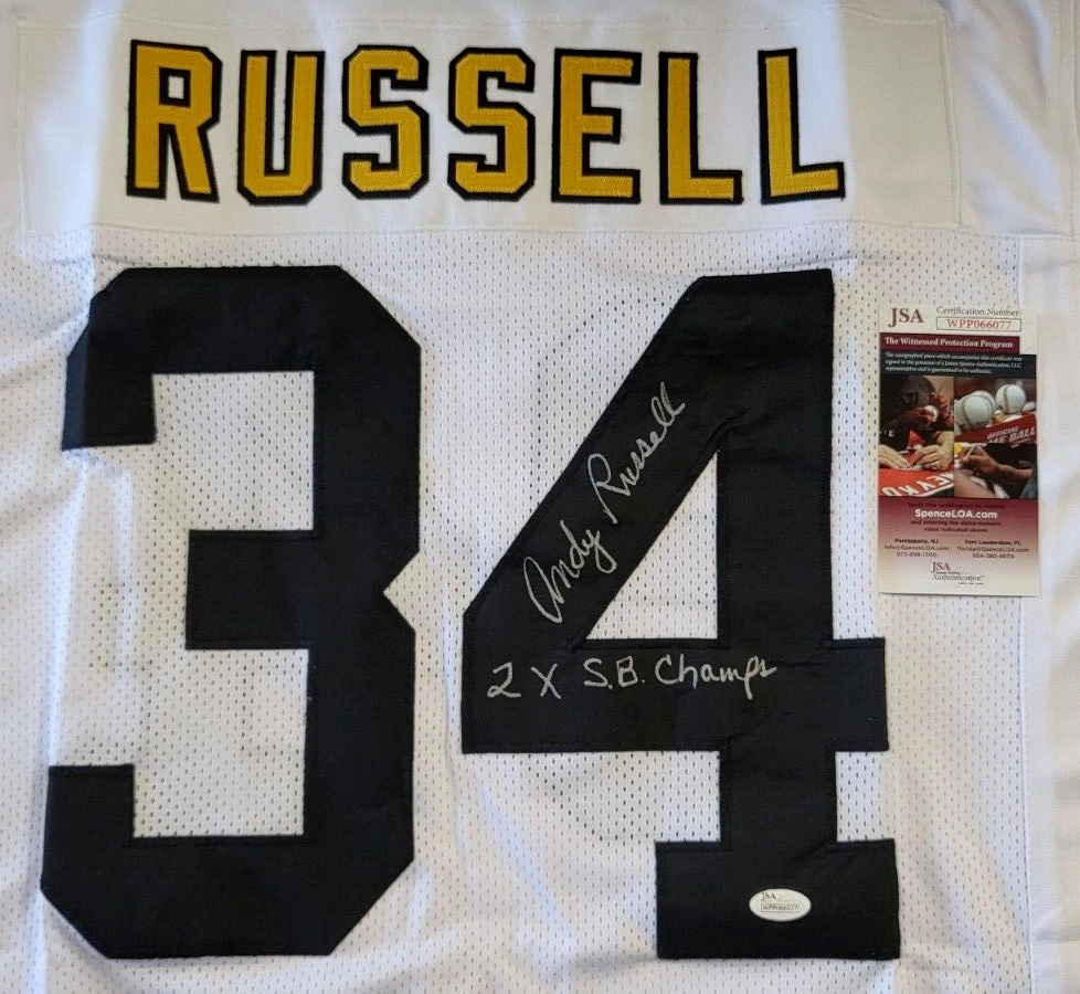 ANDY RUSSELL STEELERS 2X CHAMPS SIGNED CUSTOM FOOTBALL JERSEY JSA COA #WPP066077