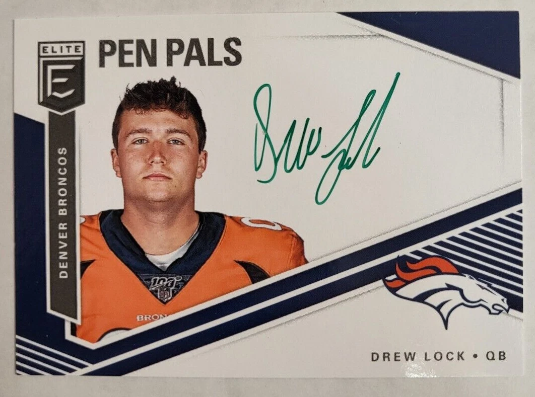 2019 DONRUSS ELITE DREW LOCK BRONCOS PEN PALS GREEN PP-DL AUTO FOOTBALL CARD