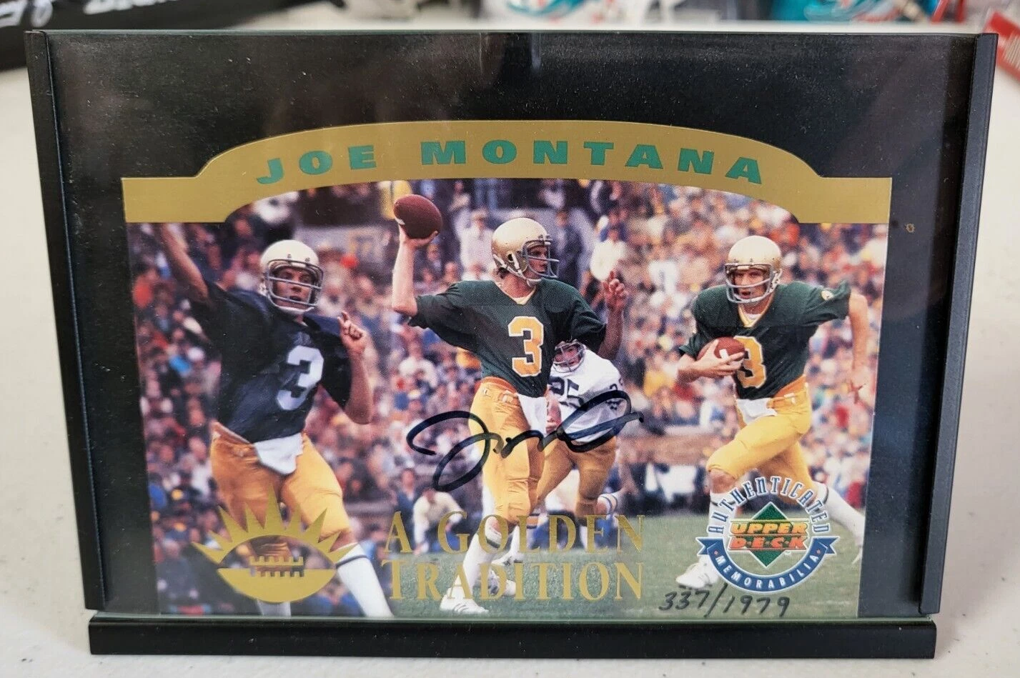 UPPER DECK A GOLDEN TRADITION JOE MONTANA AUTOGRAPHED DIE CUT CARD W/FRAME STAND COLLECTIBLE MEMORABILIA
