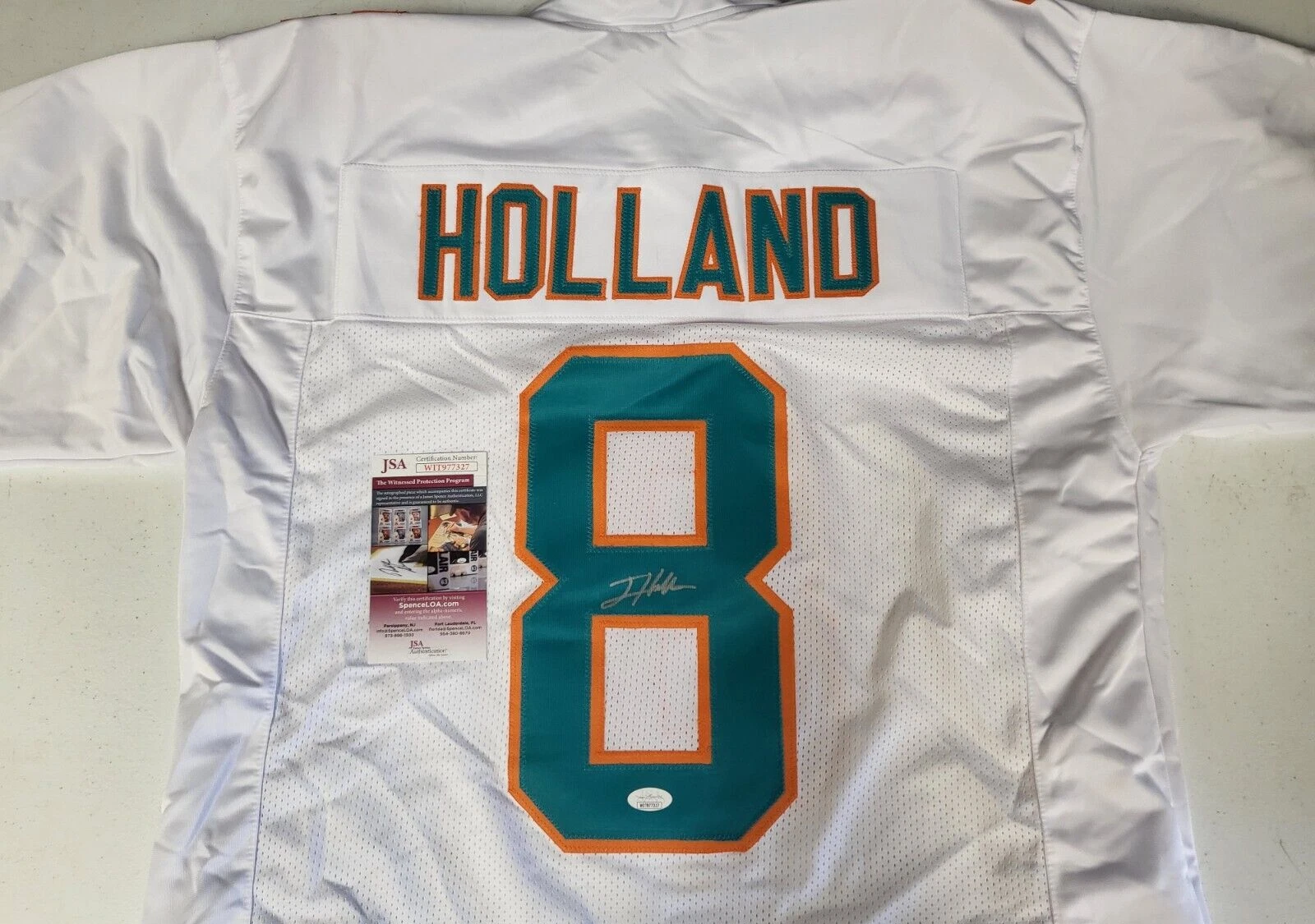JEVON HOLLAND #8 DOLPHINS SIGNED AUTOGRAPHED WHITE CUSTOM JERSEY SIZE XL JSA