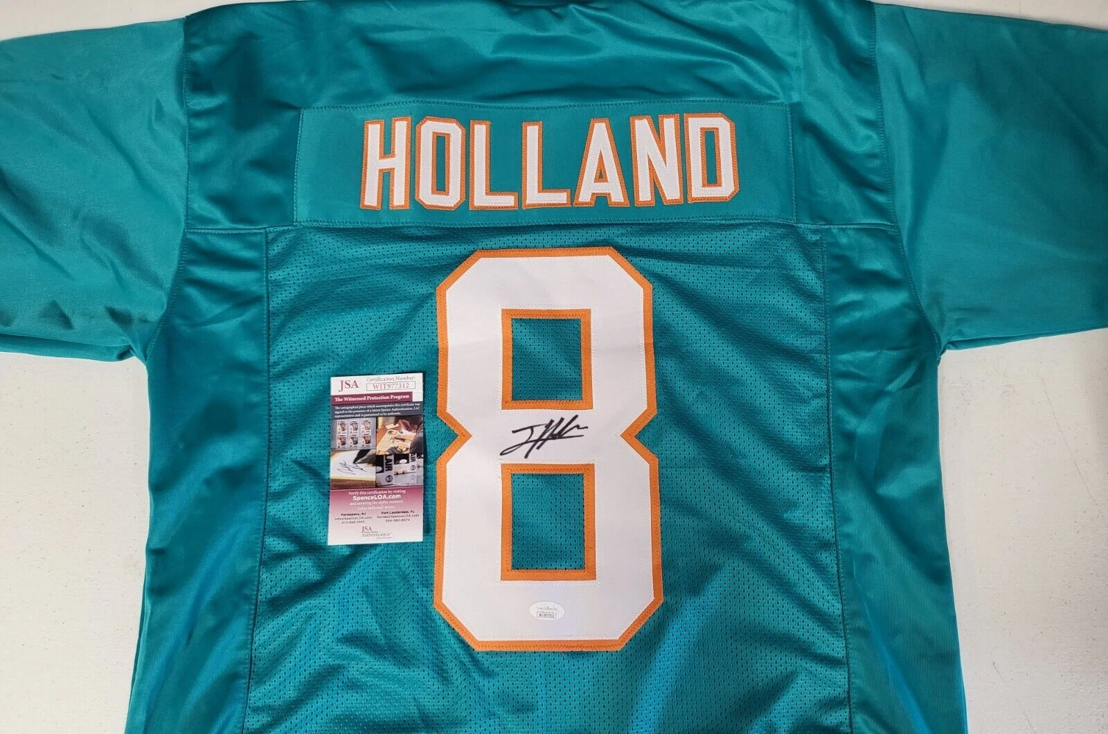 JEVON HOLLAND #8 DOLPHINS SIGNED AUTOGRAPHED TEAL CUSTOM JERSEY SIZE XL JSA