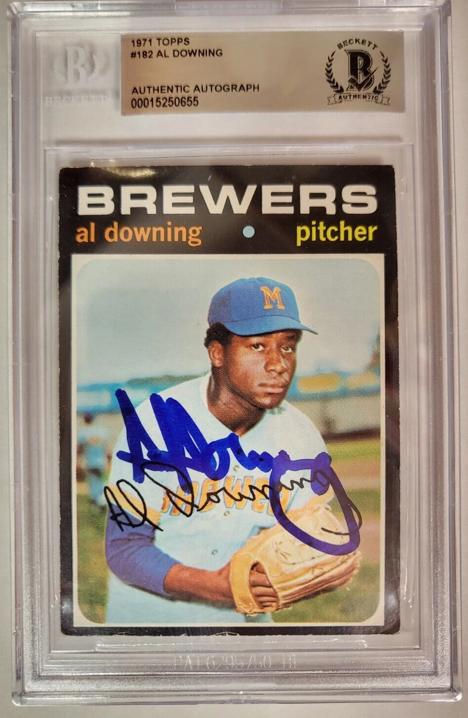 1971 TOPPS AL DOWNING BREWERS #182 AUTO SIGNED CARD BECKETT VINTAGE