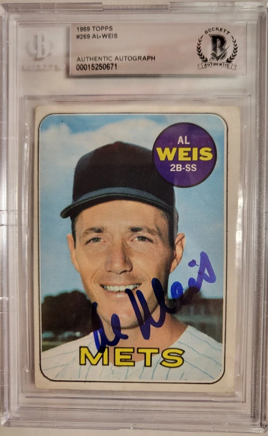 1969 TOPPS AL WEIS METS #269 AUTO SIGNED CARD BECKETT AUTHENTIC VINTAGE *