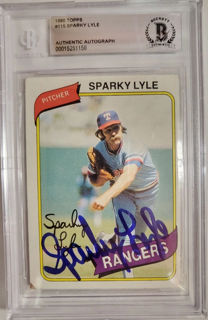 1980 TOPPS SPARKY LYLE RANGERS #115 AUTO SIGNED CARD BECKETT AUTHENTIC VINTAGE