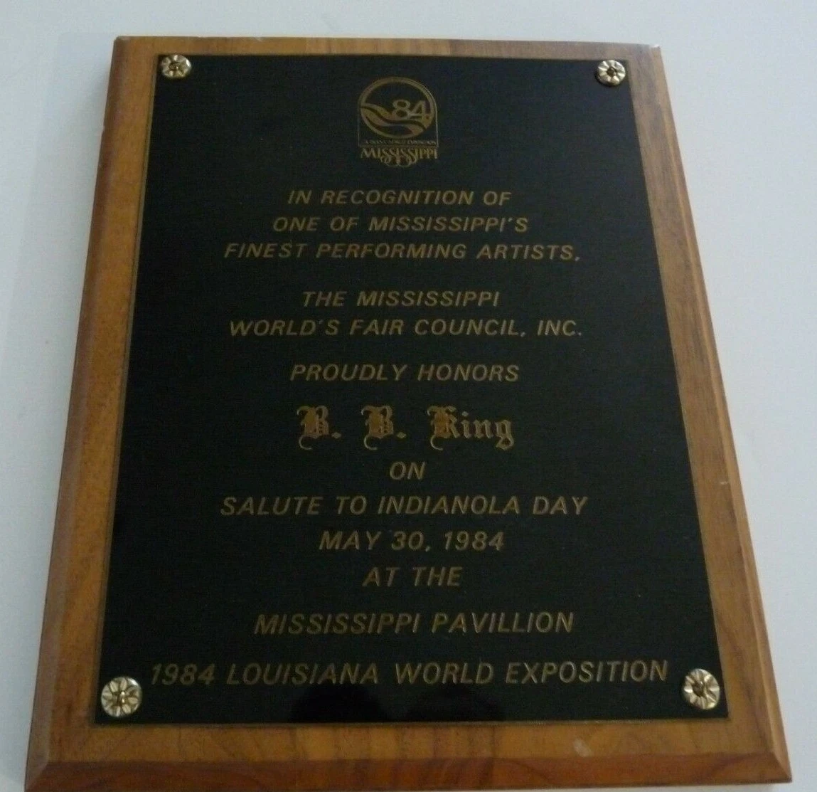 BB King OWNED 1984 Worlds Fair Award Plaque JULIEN'S Estate Auction