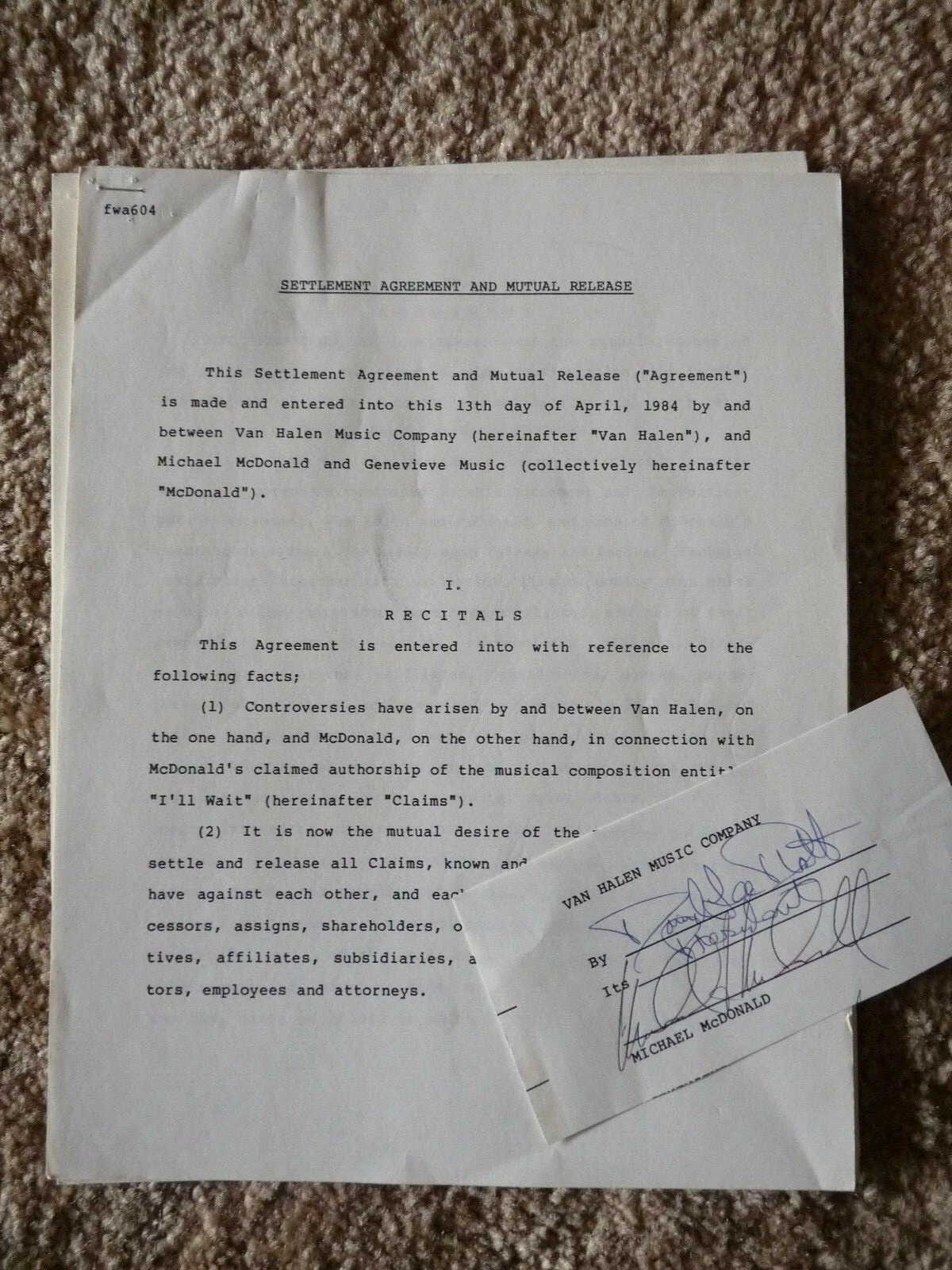 David Lee Roth & Michael McDonald Van Halen Contract Signed BAS Certified