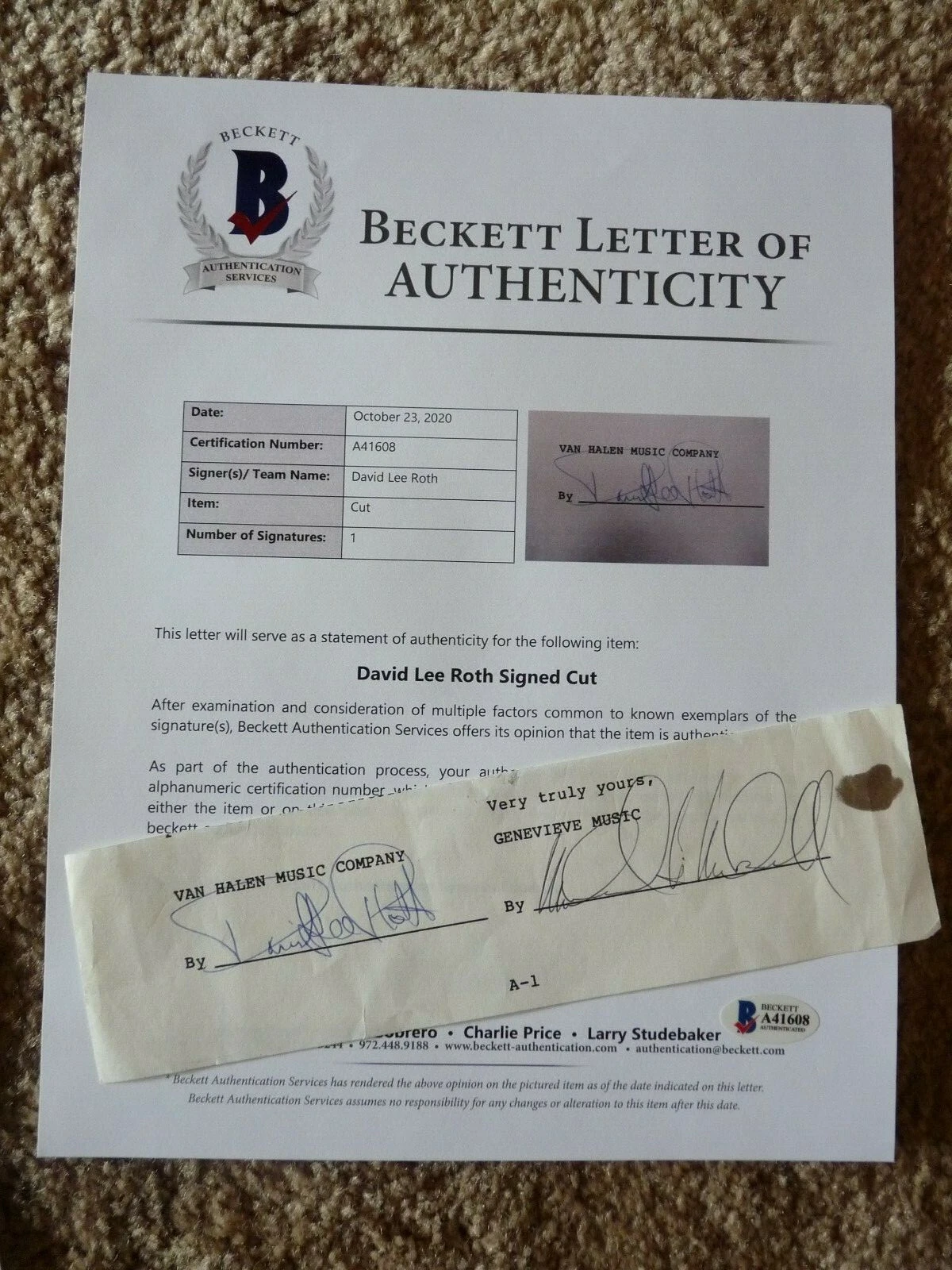 David Lee Roth Van Halen ORIGINAL Contract Double Signed Autograph BAS Certified