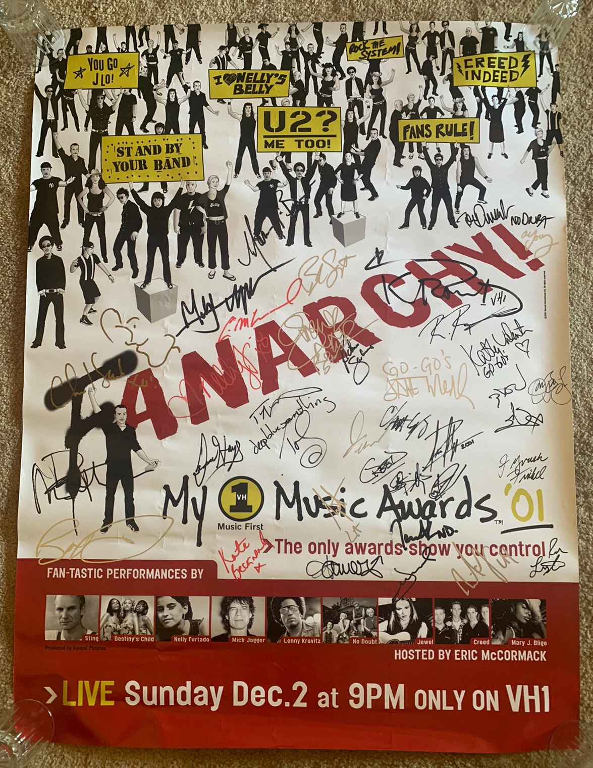 2001 VH1 SIGNED POSTER BECKETT CERTIFIED MICK JAGGER DAVE MATTHEW BECKINDALE +33 COLLECTIBLE MEMORABILIA