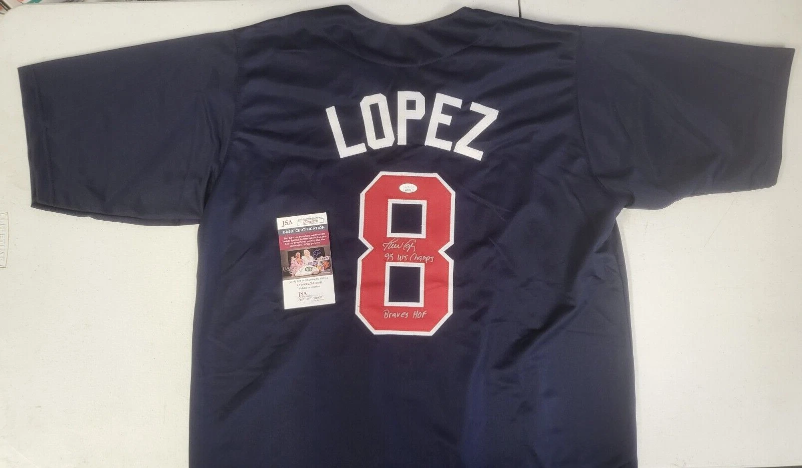 JAVY LOPEZ #8 ATLANTA BRAVES HOF 95 WS CHAMPS AUTO SIGNED CUSTOM JERSEY XL JSA
