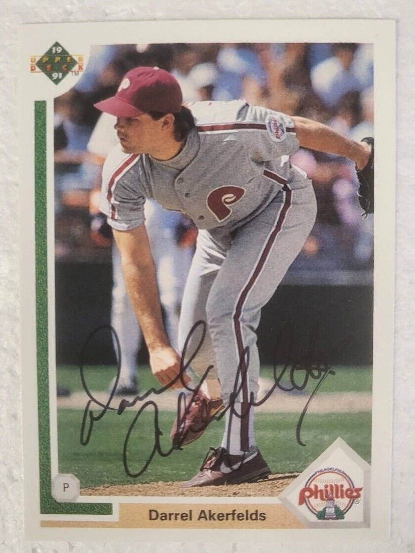 1991 UPPER DECK DARREL AKERFELDS PHILADELPHIA PHILLIES SIGNED AUTO CARD #619 COA