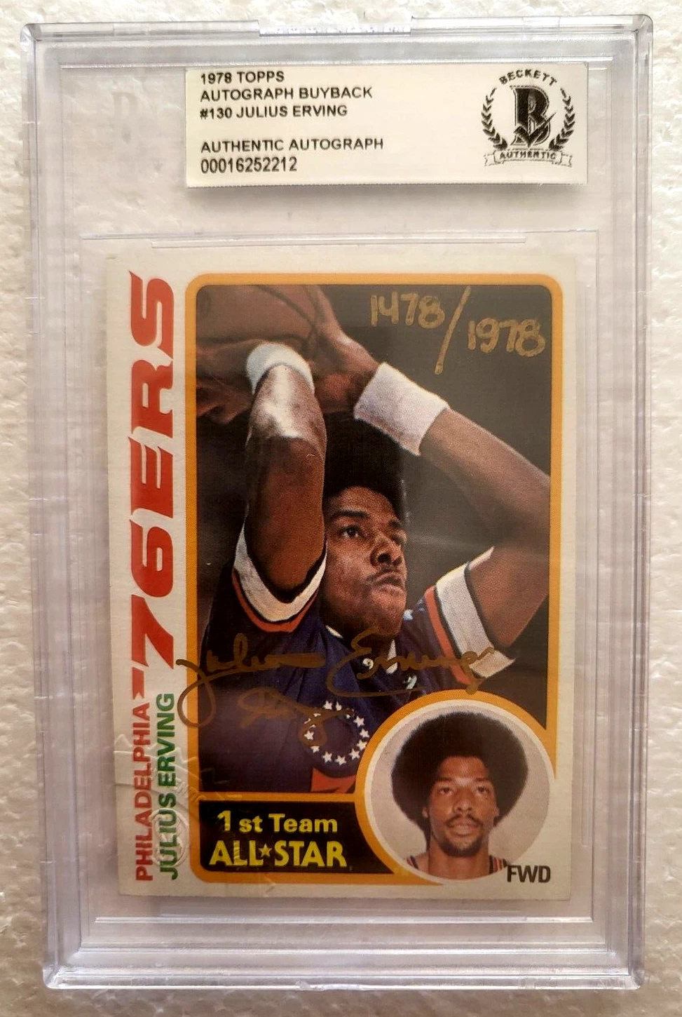 1978 TOPPS JULIUS ERVING 76ERS ALL-STAR SIGNED AUTOGRAPH #130 CARD BECKETT AUTH