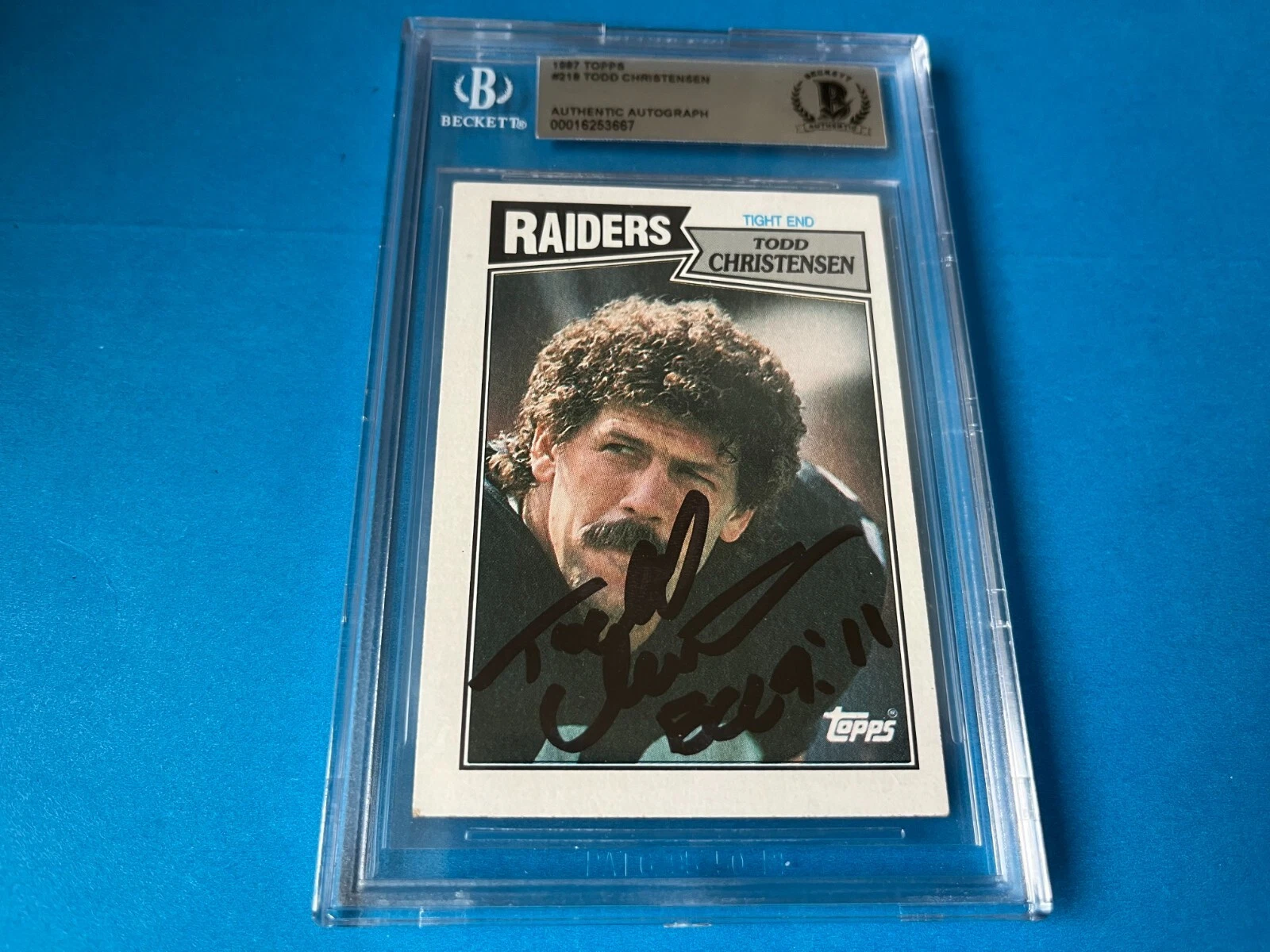 Todd Christensen Raiders SB 1987 Topps Card Signed Auto Beckett BAS Slabbed