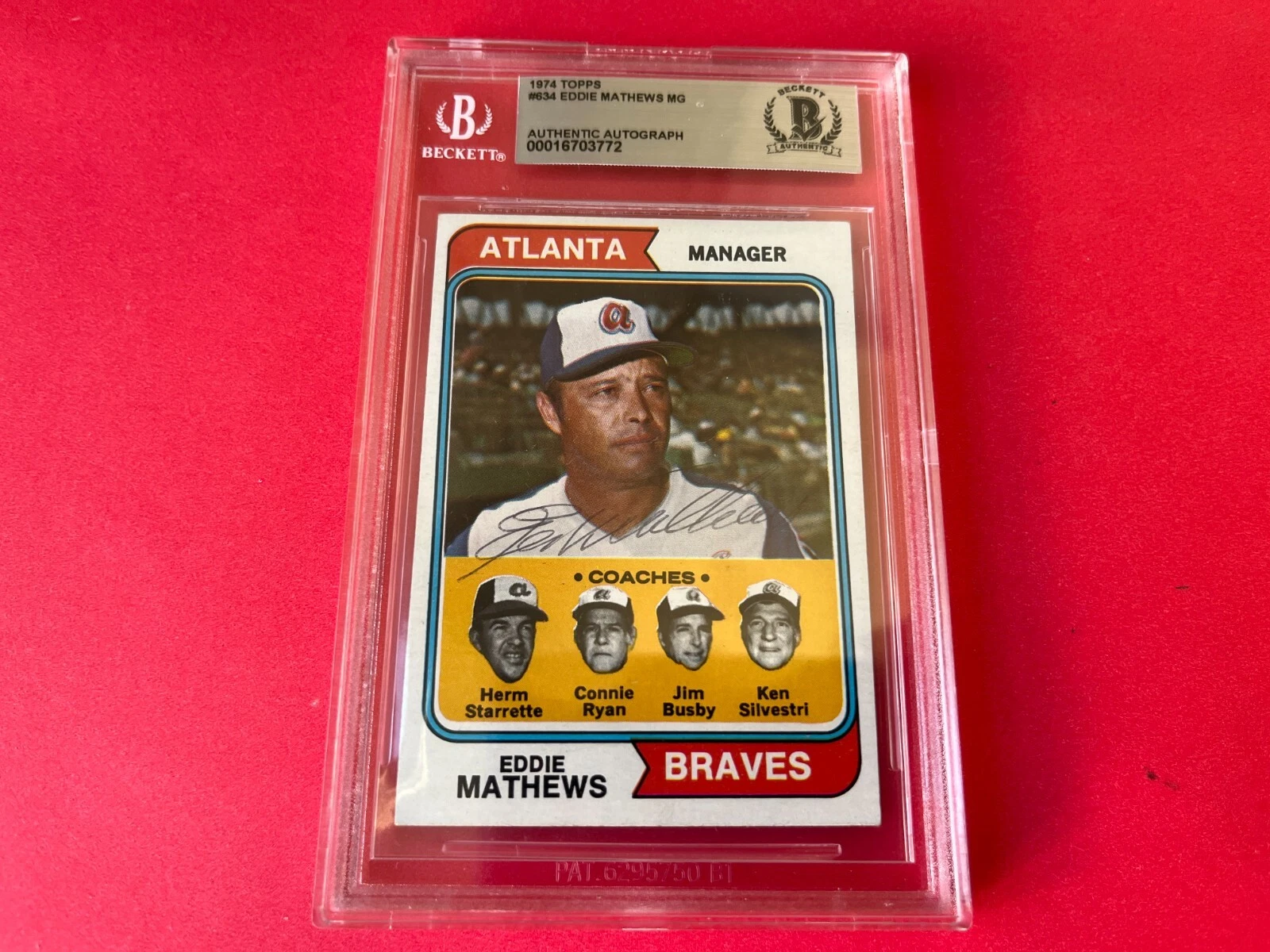 Eddie Mathews Braves HOF MLB 1975 Topps Card Signed Auto Beckett BAS COA