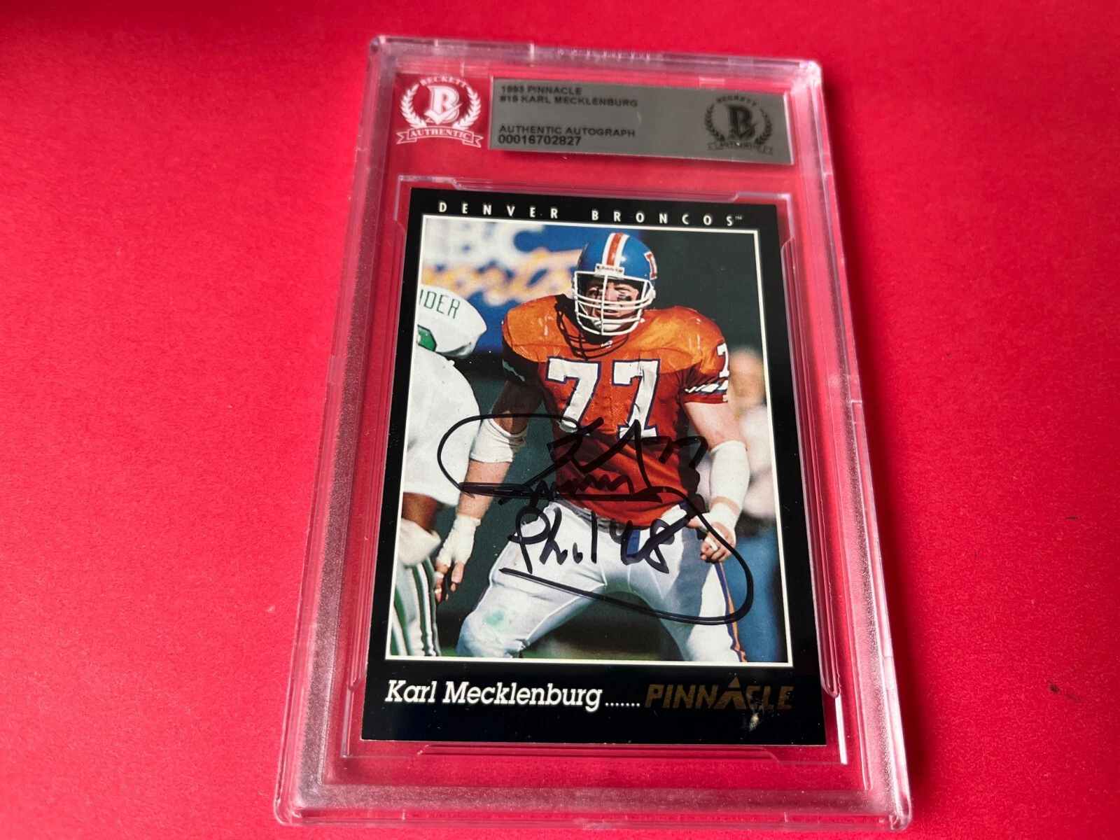 Karl Mecklenburg Broncos 1993 Pinnacle Card Signed Auto Beckett BAS Slabbed
